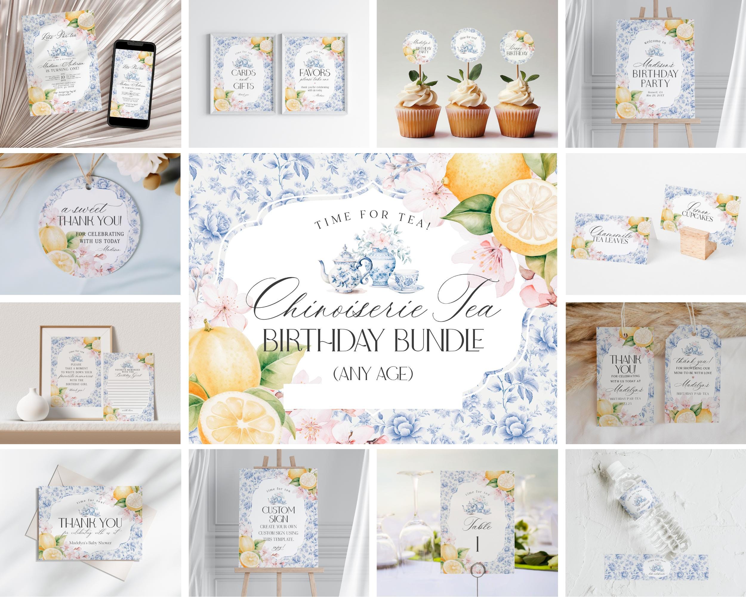 Blue Chinoiserie Tea Baby Shower Cupcake Toppers Printable