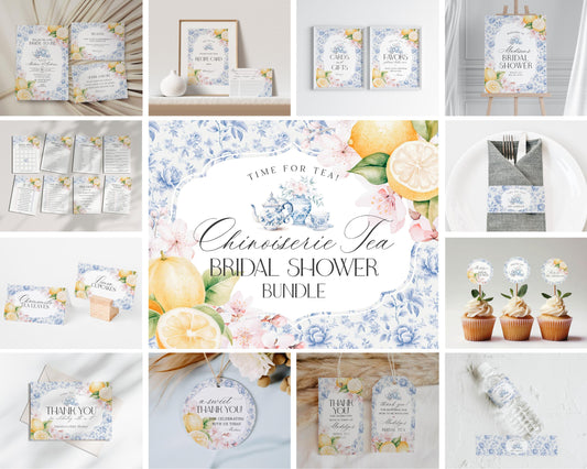 Blue Chinoiserie Tea Bridal Shower Printable Bundle, High Tea Party for Bridesmaids Bridal Tea, Blue Willow Toile English Garden Party