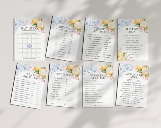 Blue Chinoiserie Tea Baby Shower Games Set Printable Template, Lemon High Tea Party for Baby Brunch Sprinkle, Blue Toile English Garden