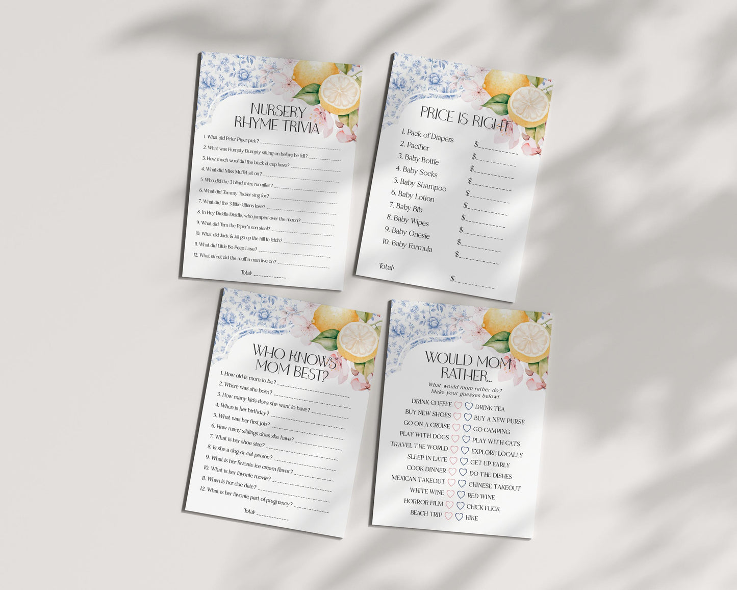 Blue Chinoiserie Tea Baby Shower Games Set Printable Template, Lemon High Tea Party for Baby Brunch Sprinkle, Blue Toile English Garden