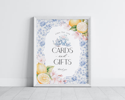 Blue Chinoiserie Tea Cards & Gifts and Favors Sign Printable Template, Lemon High Tea Par-tea for Girl Willow Toile English Garden Party