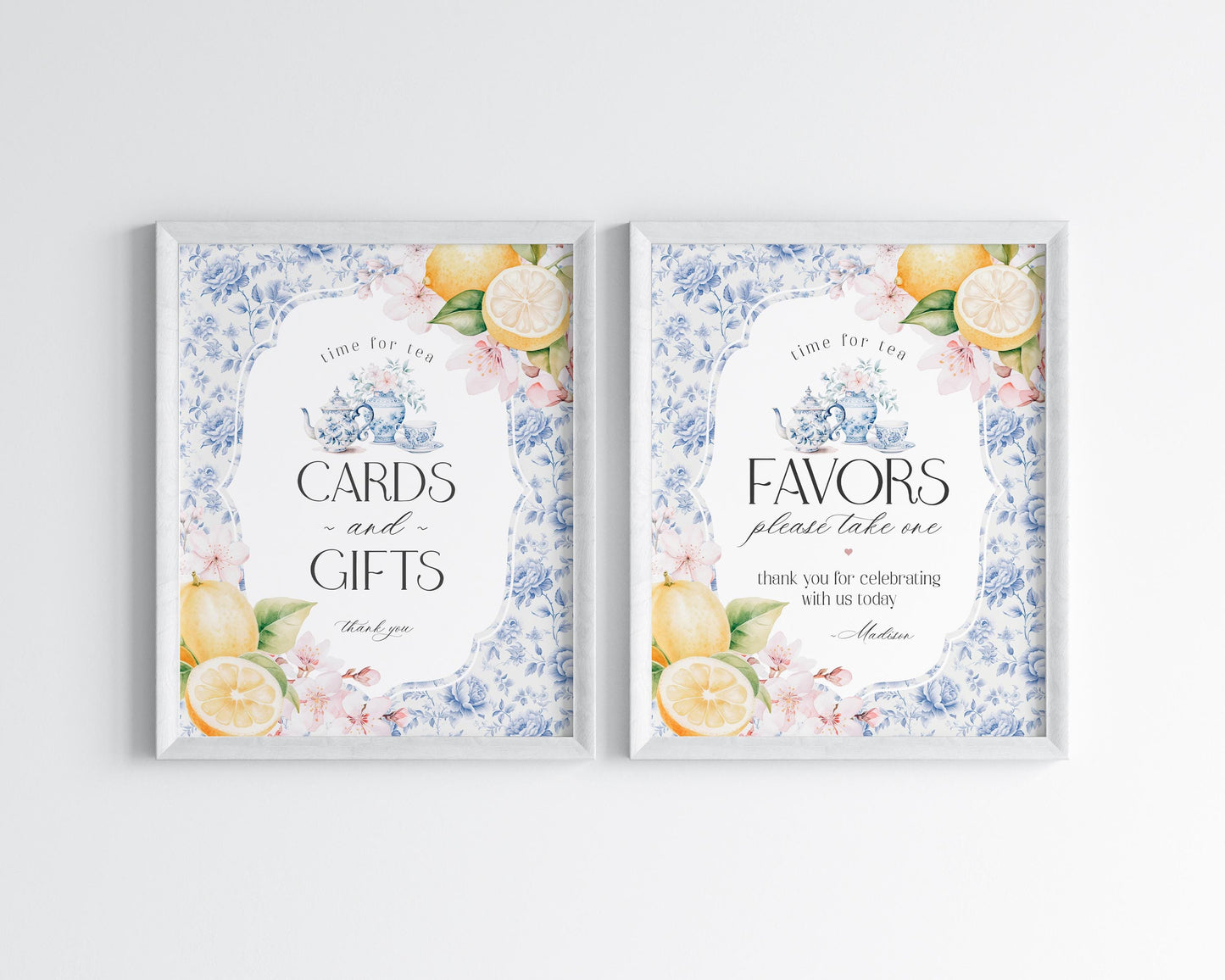 Blue Chinoiserie Tea Cards & Gifts and Favors Sign Printable Template, Lemon High Tea Par-tea for Girl Willow Toile English Garden Party