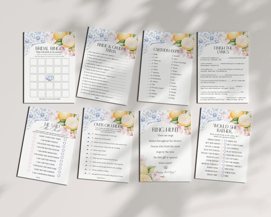 Blue Chinoiserie Tea Bridal Shower Games Set Printable Template, Lemon High Tea Party for Bridal Tea, Blue Willow Toile English Garden Party