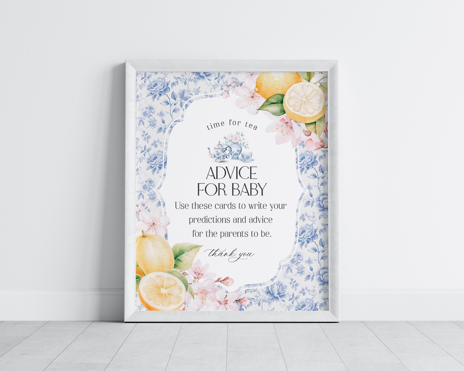 Blue Chinoiserie Tea Advice for Baby Cards Printable Template, Lemon High Tea Party Baby Brunch Sprinkle, Blue Willow Toile English Garden