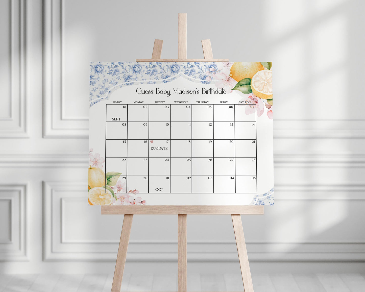 Blue Chinoiserie Tea Baby Shower Guess the Date Game Template, Lemon High Tea Party Baby Brunch Sprinkle, Blue Willow Toile English Garden