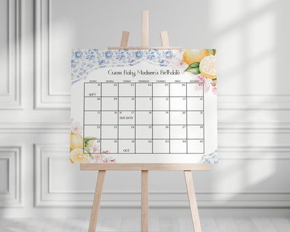 Blue Chinoiserie Tea Baby Shower Guess the Date Game Template, Lemon High Tea Party Baby Brunch Sprinkle, Blue Willow Toile English Garden