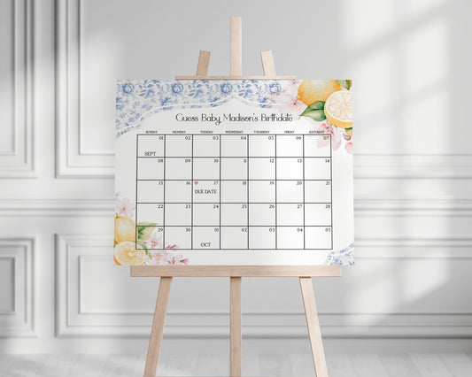 Blue Chinoiserie Tea Baby Shower Guess the Date Game Template, Lemon High Tea Party Baby Brunch Sprinkle, Blue Willow Toile English Garden