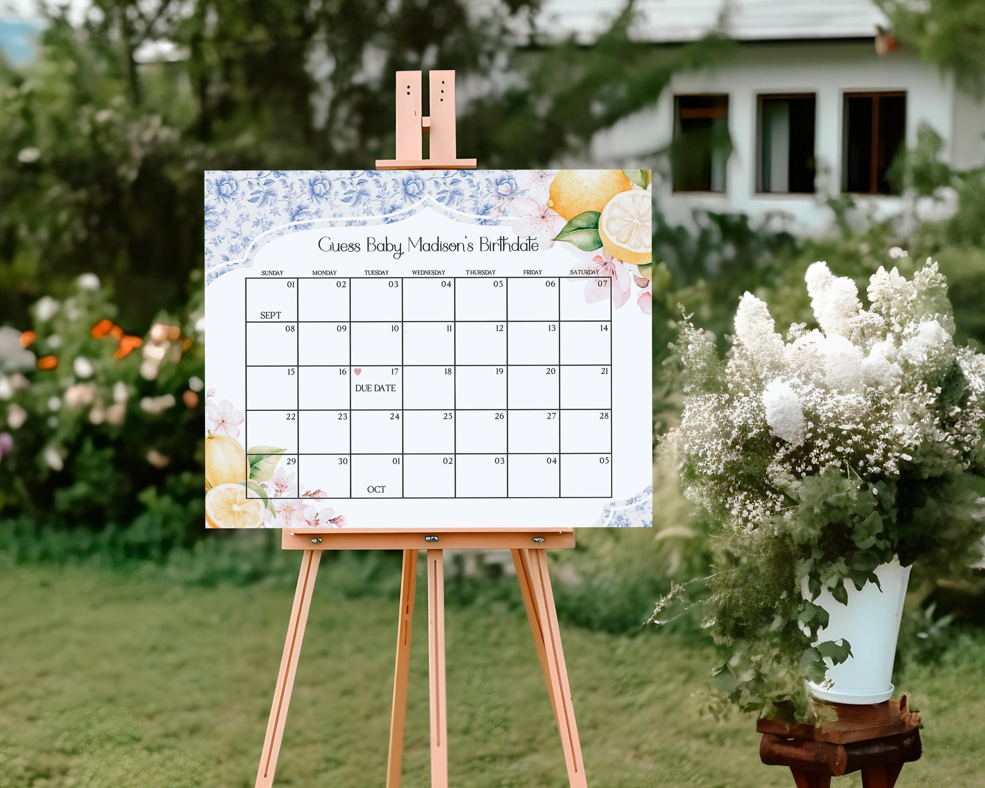 Blue Chinoiserie Tea Baby Shower Guess the Date Game Template, Lemon High Tea Party Baby Brunch Sprinkle, Blue Willow Toile English Garden