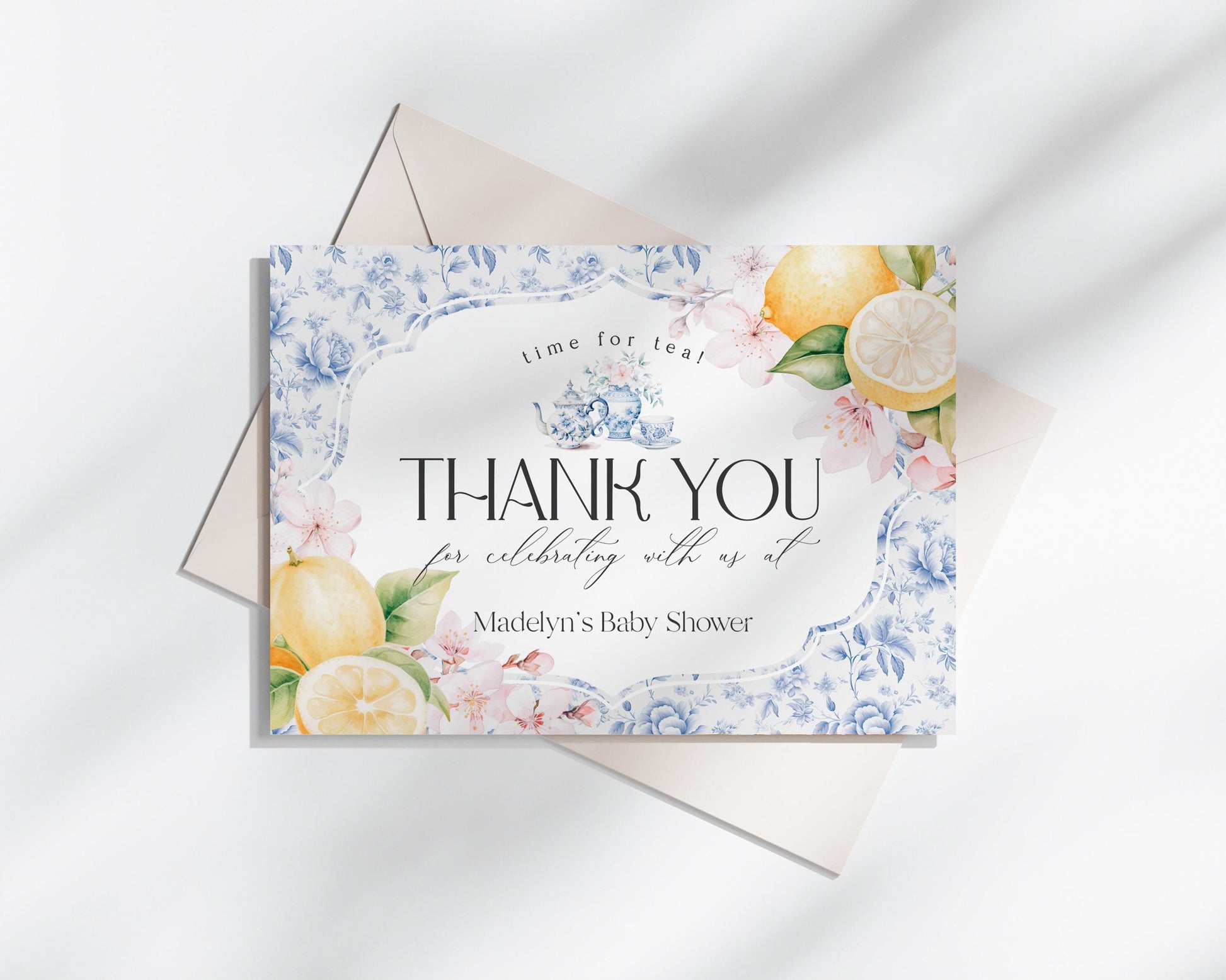 Blue Chinoiserie Tea Thank You Card Printable Template, Lemon High Tea Party for Girl Birthday Par-tea, Blue Willow Toile Garden Party