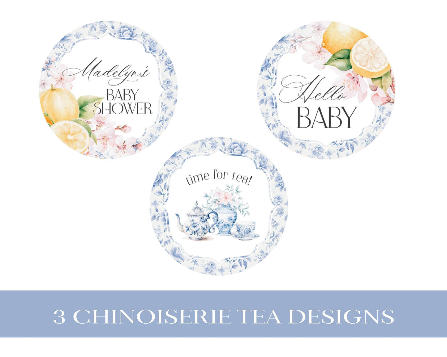 Blue Chinoiserie Tea Baby Shower Cupcake Toppers Printable Template, Lemon High Tea Party Baby Brunch Sprinkle, Blue Toile Garden Party