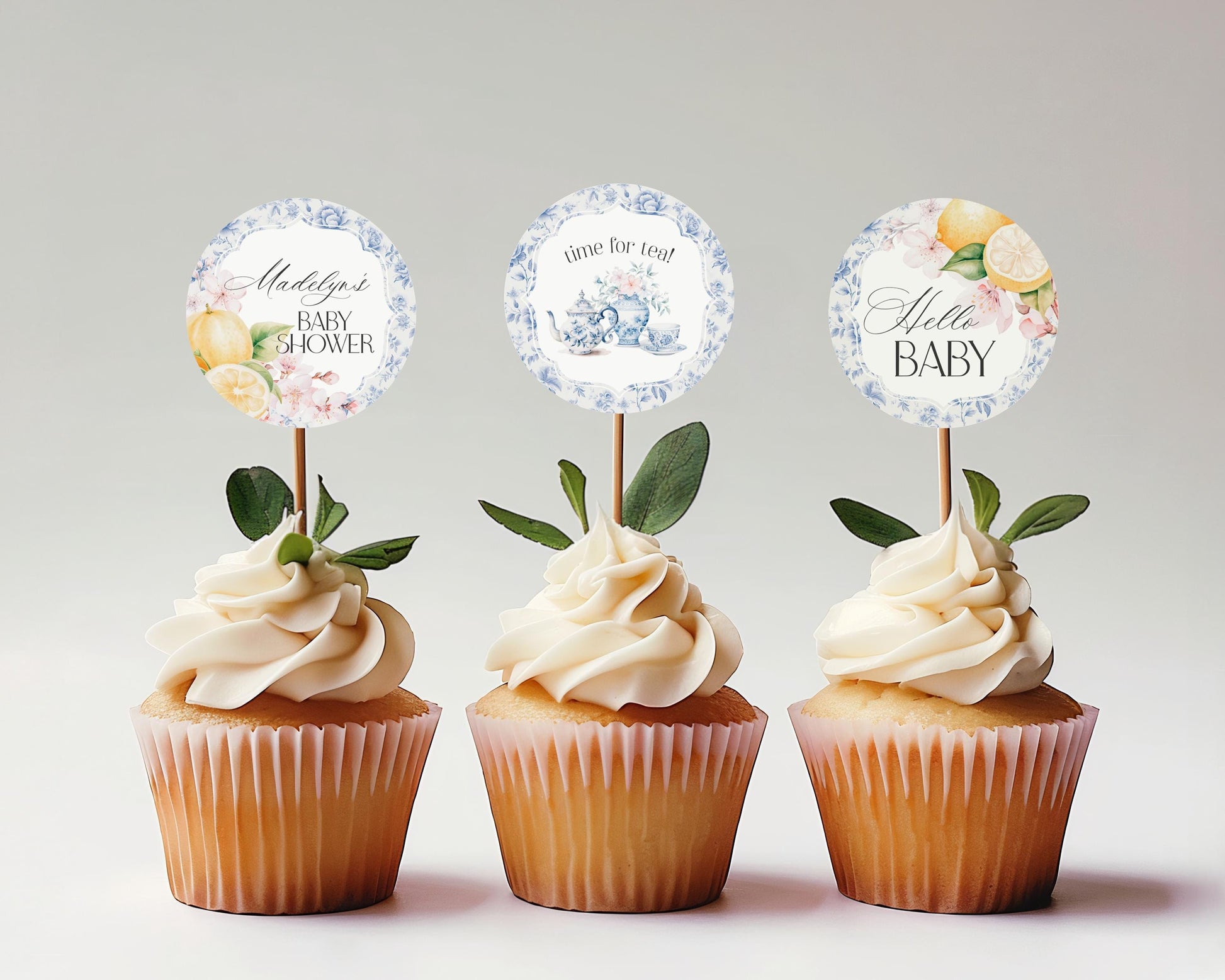 Blue Chinoiserie Tea Baby Shower Cupcake Toppers Printable Template, Lemon High Tea Party Baby Brunch Sprinkle, Blue Toile Garden Party