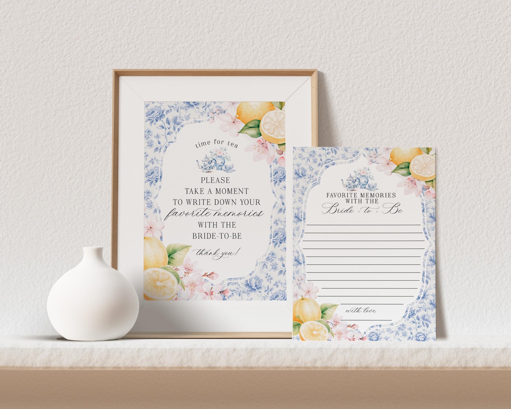 Blue Chinoiserie Tea Share your memories with the Bride to Be Printable Template, Lemon High Tea Party Bridesmaids Bridal Tea, Blue Toile