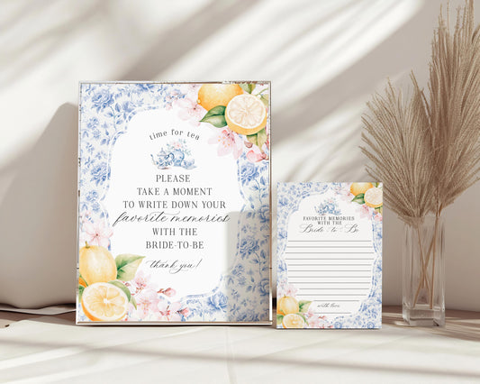 Blue Chinoiserie Tea Share your memories with the Bride to Be Printable Template, Lemon High Tea Party Bridesmaids Bridal Tea, Blue Toile