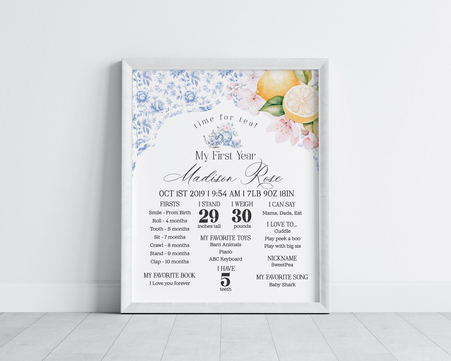 Blue Chinoiserie Tea First Year Milestone Sign Printable Template, Lemon High Tea Party Girl Birthday Par-tea Blue Willow Toile Garden Party