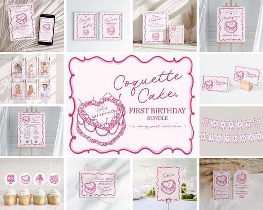 Pink Coquette Heart Cake First Birthday Bundle Printable Template, Retro Cherry Sweet French Theme Vintage Birthday Party Decor, WP1008