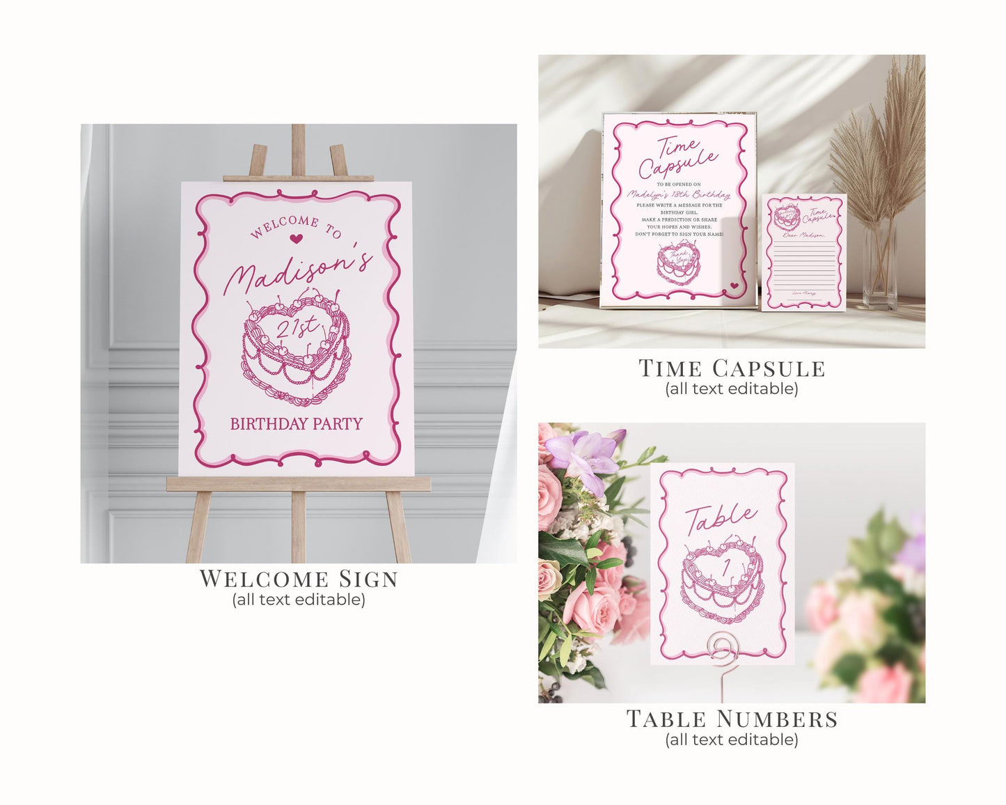 Pink Coquette Heart Cake Birthday Bundle Printable Template, Retro Cherry Sweet French Theme Vintage Birthday Party Decor, WP1008