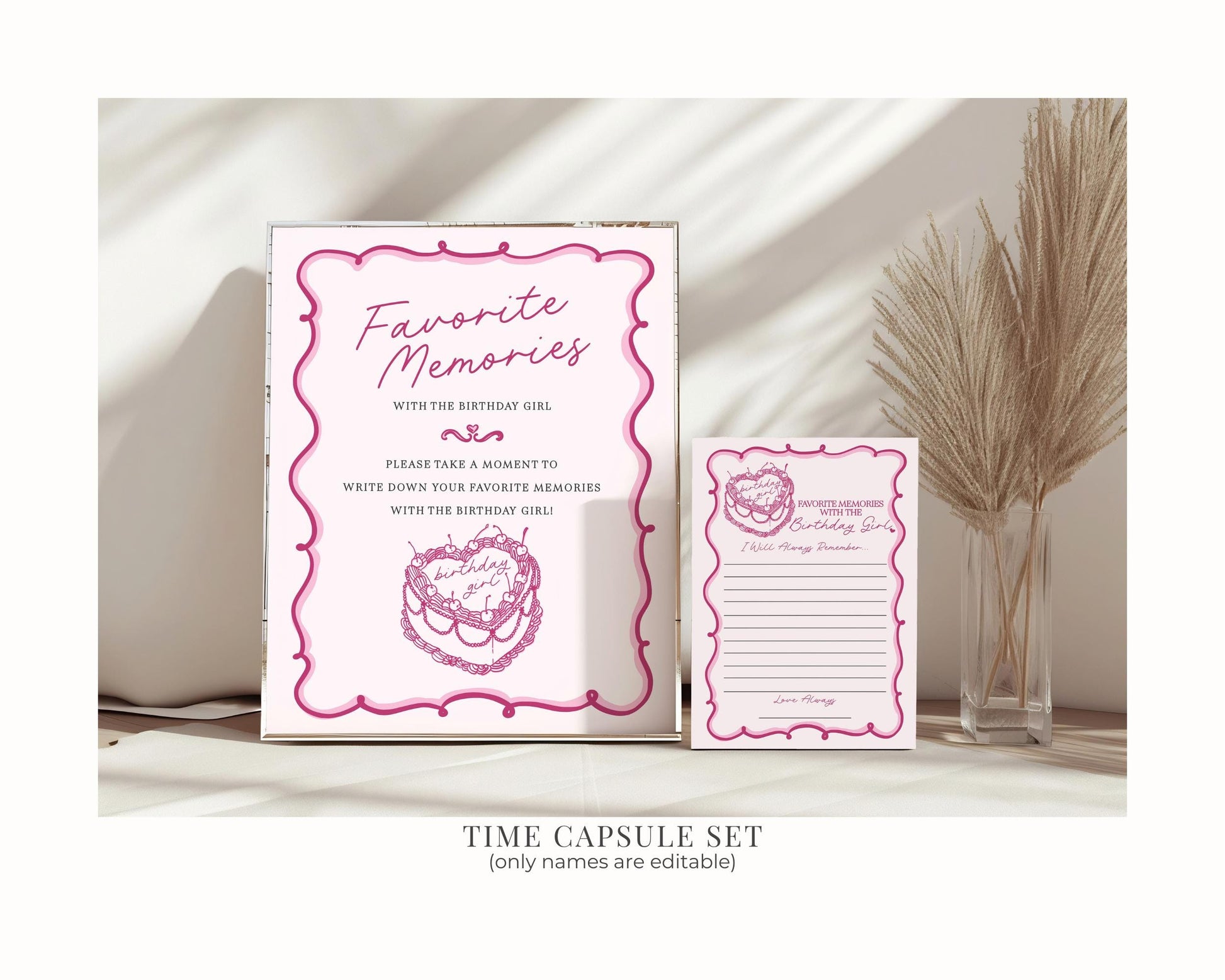 Pink Coquette Heart Cake Birthday Bundle Printable Template, Retro Cherry Sweet French Theme Vintage Birthday Party Decor, WP1008