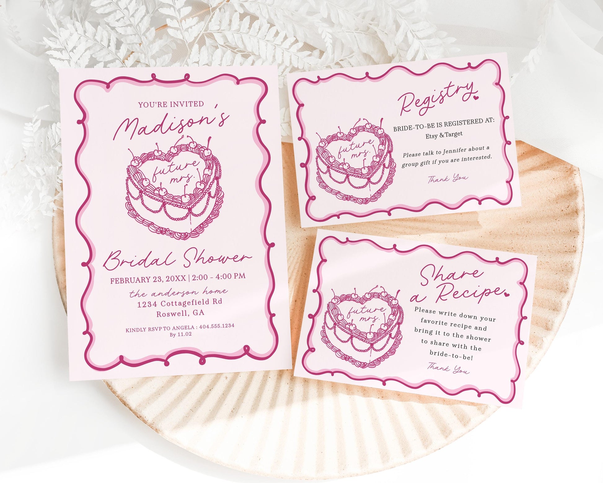 Pink Coquette Heart Cake Bridal Shower Bundle Printable Template, Vintage Cherry Sweet French Theme Retro Wedding Cake Bridal Brunch WP1008