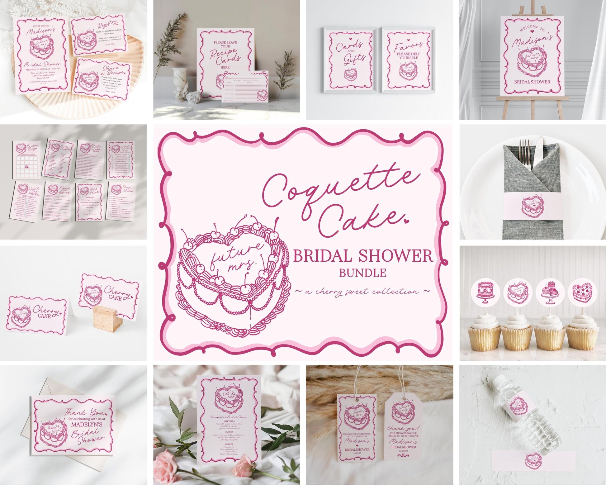 Pink Coquette Heart Cake Bridal Shower Bundle Printable Template, Vintage Cherry Sweet French Theme Retro Wedding Cake Bridal Brunch WP1008