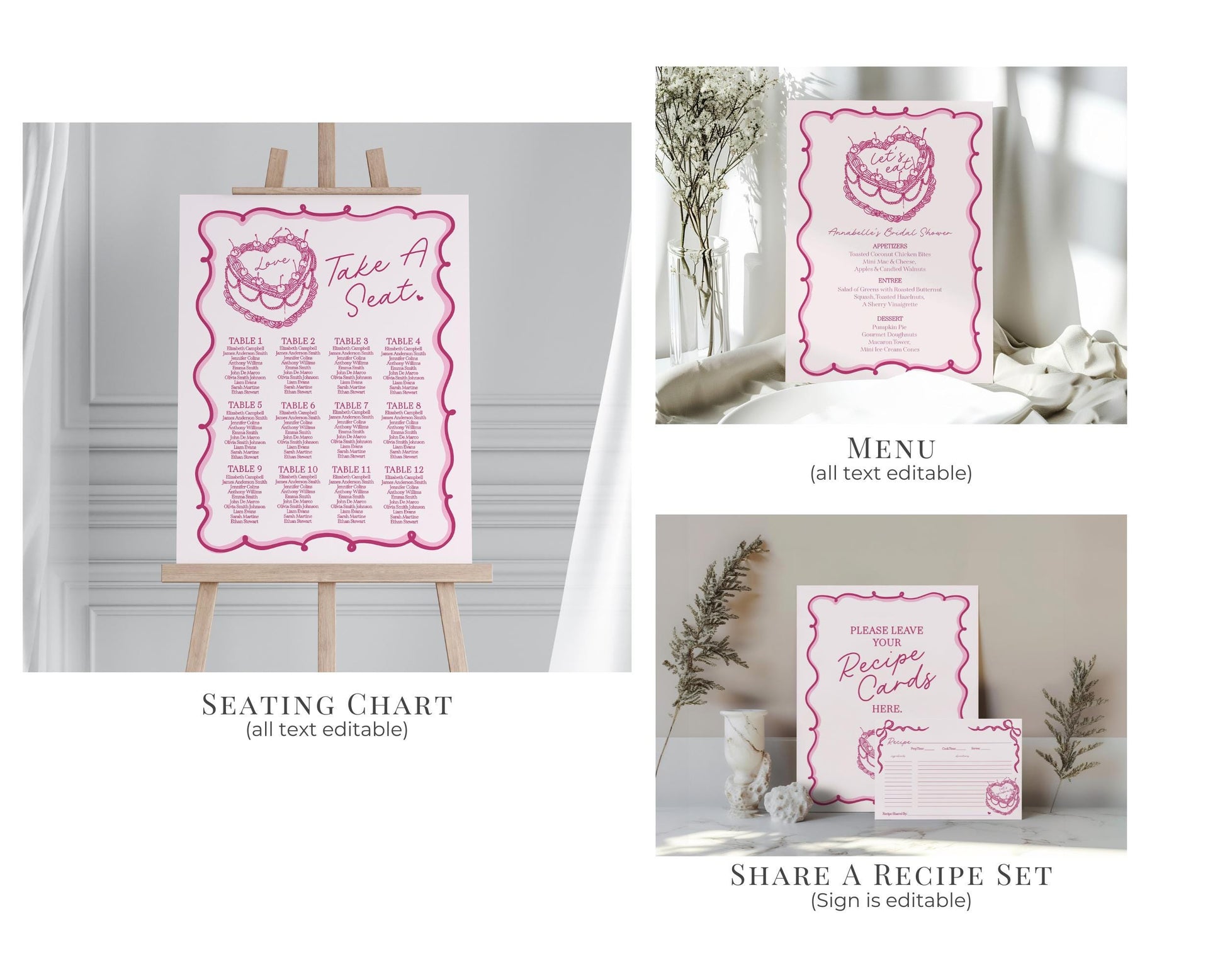 Pink Coquette Heart Cake Bridal Shower Bundle Printable Template, Vintage Cherry Sweet French Theme Retro Wedding Cake Bridal Brunch WP1008