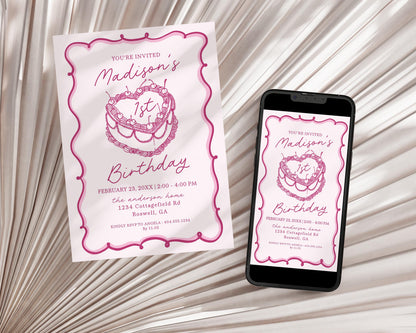 Pink Coquette Heart Cake 1st Birthday Invitation Printable Template, Retro Cherry Sweet Theme Vintage First Birthday Party Decor, WP1008