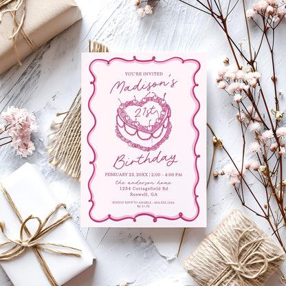 Pink Coquette Heart Cake Birthday Invitation Printable Template, Retro Cherry Sweet Theme Vintage Birthday Party Decor, WP1008