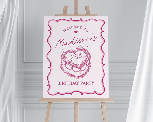 Pink Coquette Heart Cake Birthday Welcome Sign Printable Template, Retro Cherry Sweet French Theme Vintage Birthday Party Decor, WP1008