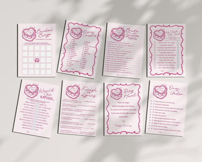 Pink Coquette Heart Cake Bridal Shower Games Set Printable Template, Vintage Cherry Sweet Theme Retro Wedding Cake Bridal Brunch WP1008