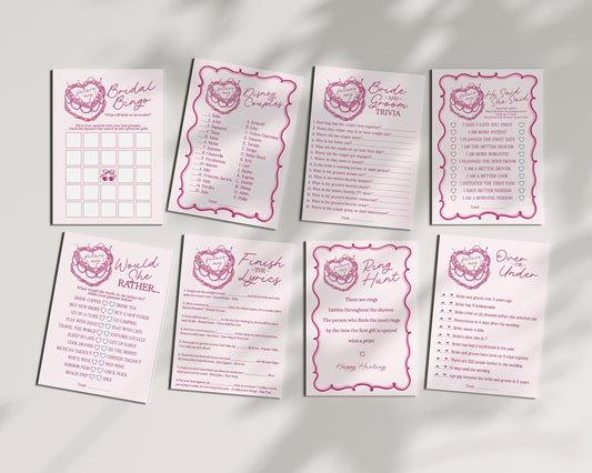 Pink Coquette Heart Cake Bridal Shower Games Set Printable Template, Vintage Cherry Sweet Theme Retro Wedding Cake Bridal Brunch WP1008