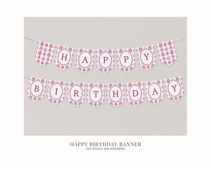 Pink Coquette Heart Cake Birthday Banner Printable Template, Retro Cherry Sweet French Theme Vintage Birthday Party Decor, WP1008