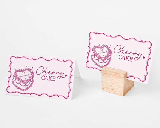 Pink Coquette Heart Cake Place Cards for Birthday Printable Template, Vintage Cherry Sweet Theme Retro Wedding Cake Bridal Brunch WP1008