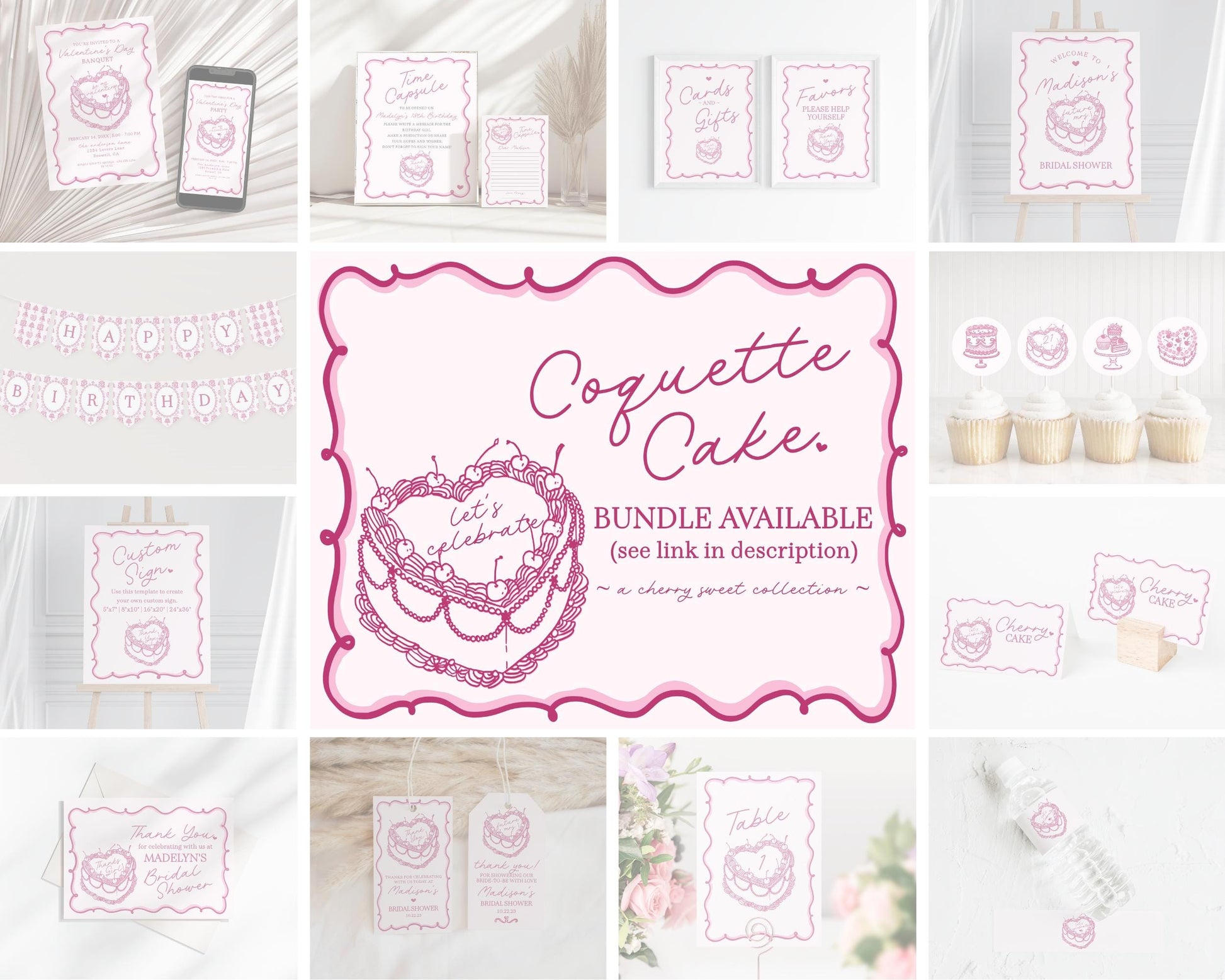 Pink Coquette Heart Cake Recipe Card Printable Template, Vintage Cherry Sweet French Theme Retro Wedding Cake Bridal Brunch WP1008