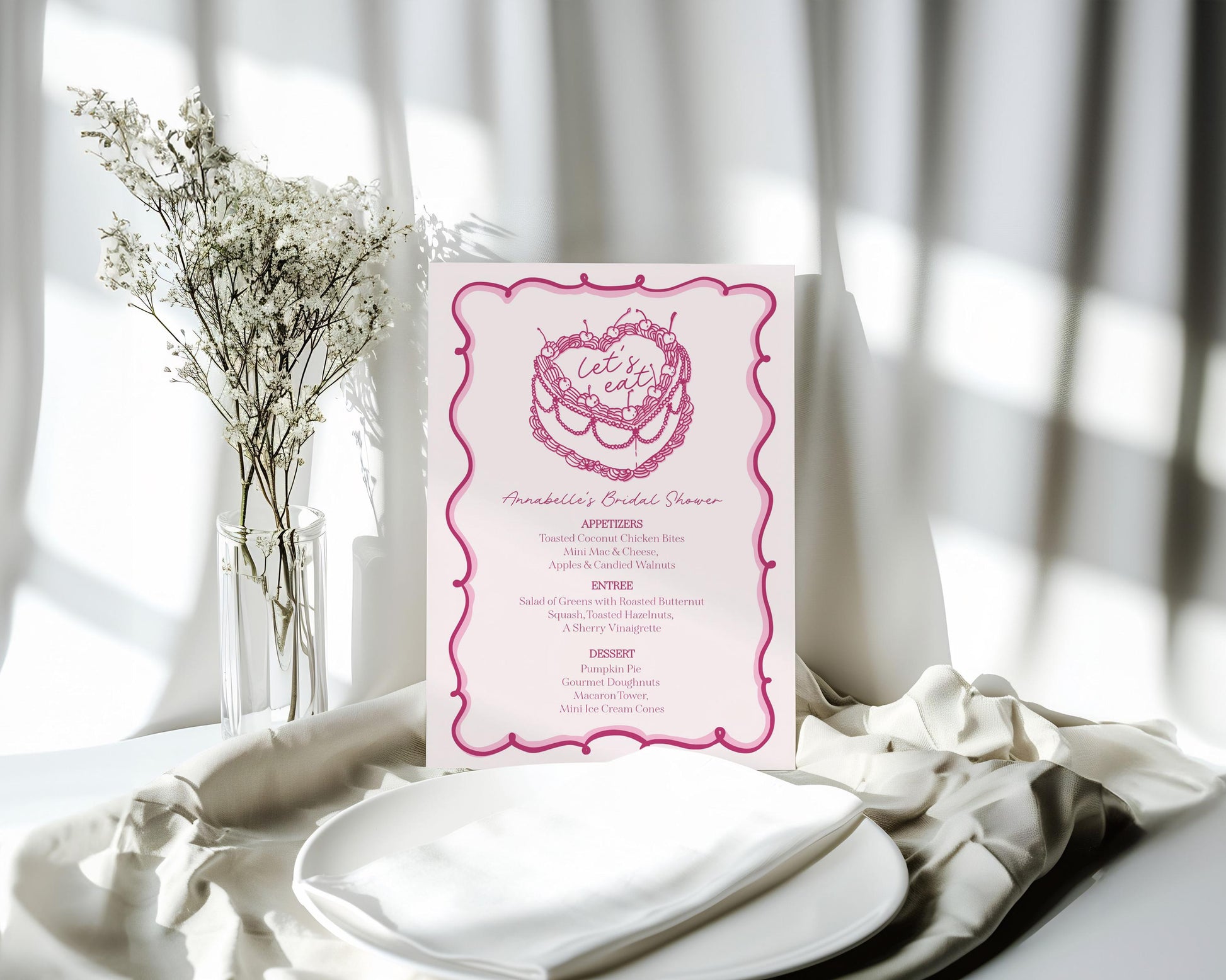 Pink Coquette Heart Cake Menu Printable Template, Vintage Cherry Sweet Birthday Party Theme Retro Wedding Cake Bridal Brunch WP1008