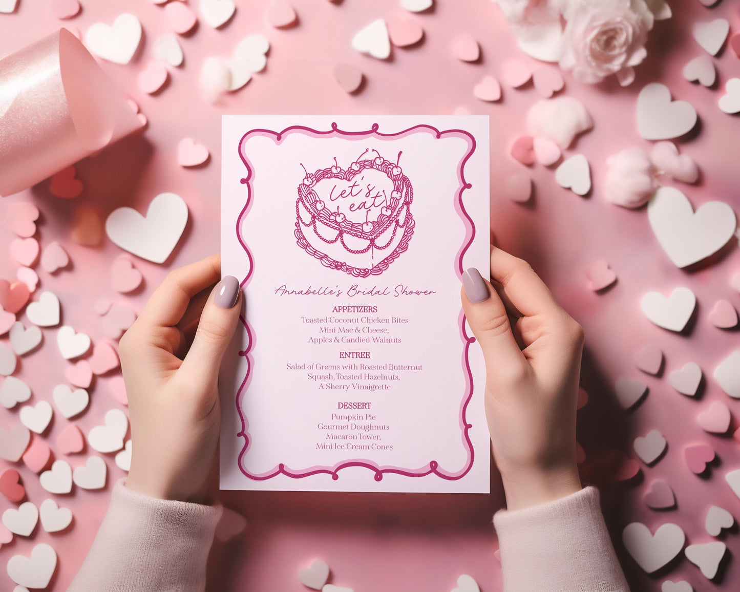 Pink Coquette Heart Cake Menu Printable Template, Vintage Cherry Sweet Birthday Party Theme Retro Wedding Cake Bridal Brunch WP1008