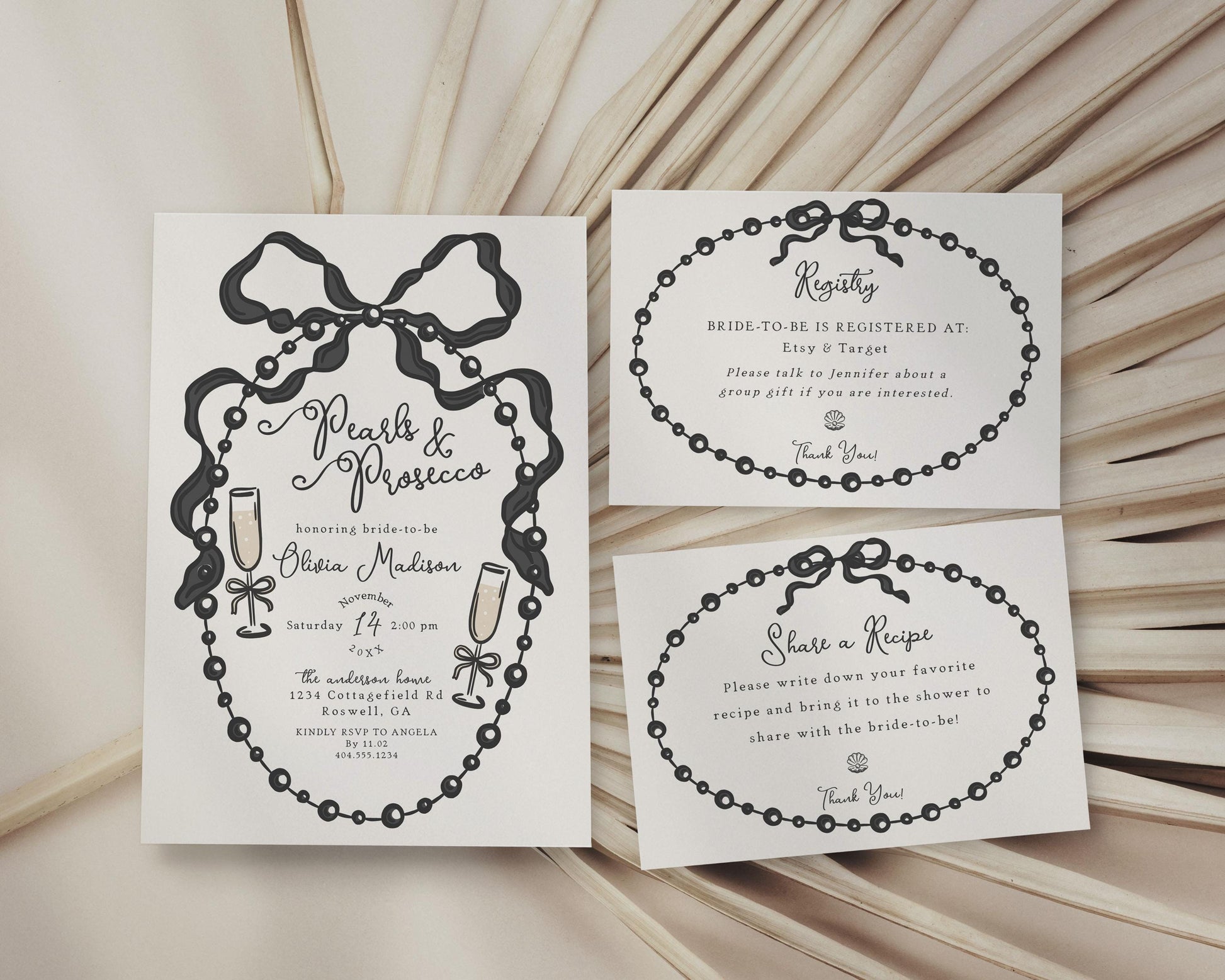 French Theme Pearls and Prosecco Bridal Shower Bundle Printable Template, Shes Tying the Knot Whimsical Black Bow Brunch and Bubbly WP1002