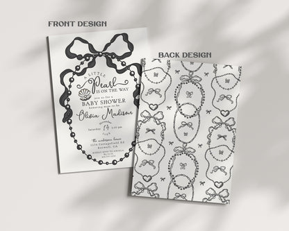 French Theme Little Pearl Baby Shower Invitation Printable Template, Whimsical Ribbon Black Bow Baby Sprinkle Decor Black and White WP1002