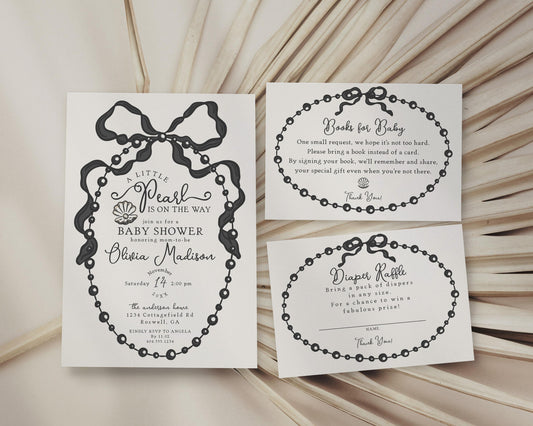 French Theme Little Pearl Baby Shower Invitation Printable Template, Whimsical Ribbon Black Bow Baby Sprinkle Decor Black and White WP1002