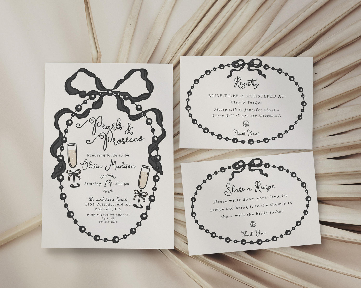 French Theme Pearls and Prosecco Bridal Shower Invitation Printable Template, Black Bow Brunch and Bubbly Decor for Bridal Brunch WP1002