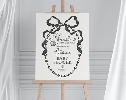 French Theme Little Pearl Baby Shower Welcome Sign Printable Template, Whimsical Ribbon Black Bow Baby Sprinkle Decor Black and White WP1002