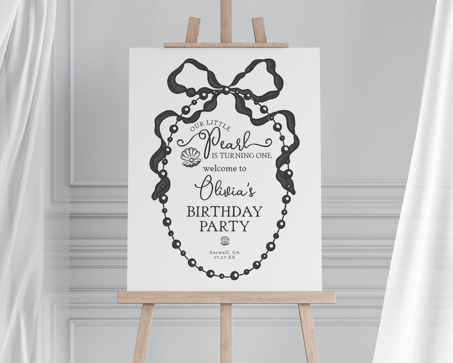 French Theme Little Pearl Birthday Welcome Sign Printable Template, Whimsical Ribbon Black Bow Birthday Party Decor for Girl Bday WP1002