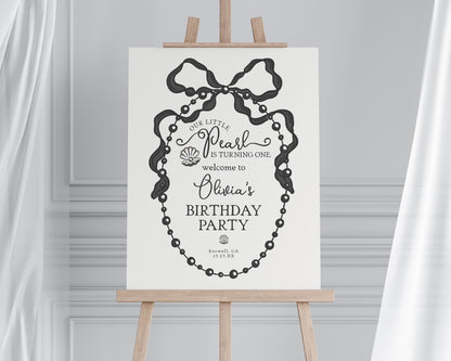 French Theme Little Pearl Birthday Welcome Sign Printable Template, Whimsical Ribbon Black Bow Birthday Party Decor for Girl Bday WP1002