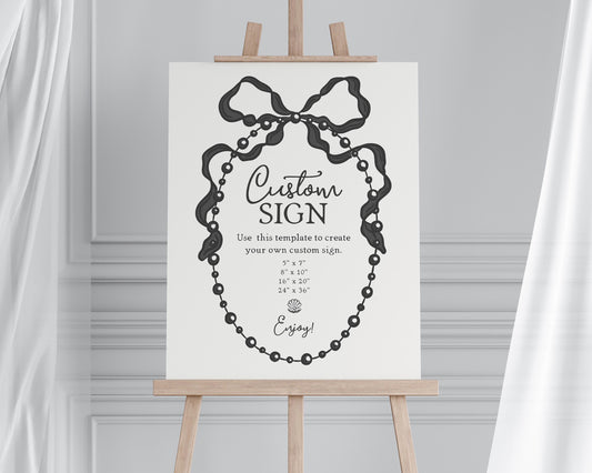 French Theme Pearls and Prosecco Custom Sign Printable Template Bridal Shower, Ribbon Black Bow Brunch and Bubbly Decor Baby Brunch WP1002