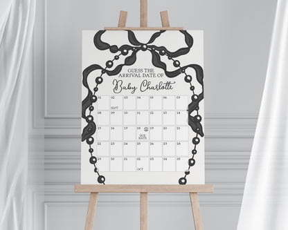 French Theme Little Pearl Baby Shower Guess the Date Game Template, Whimsical Ribbon Black Bow Baby Sprinkle Decor Black and White WP1002