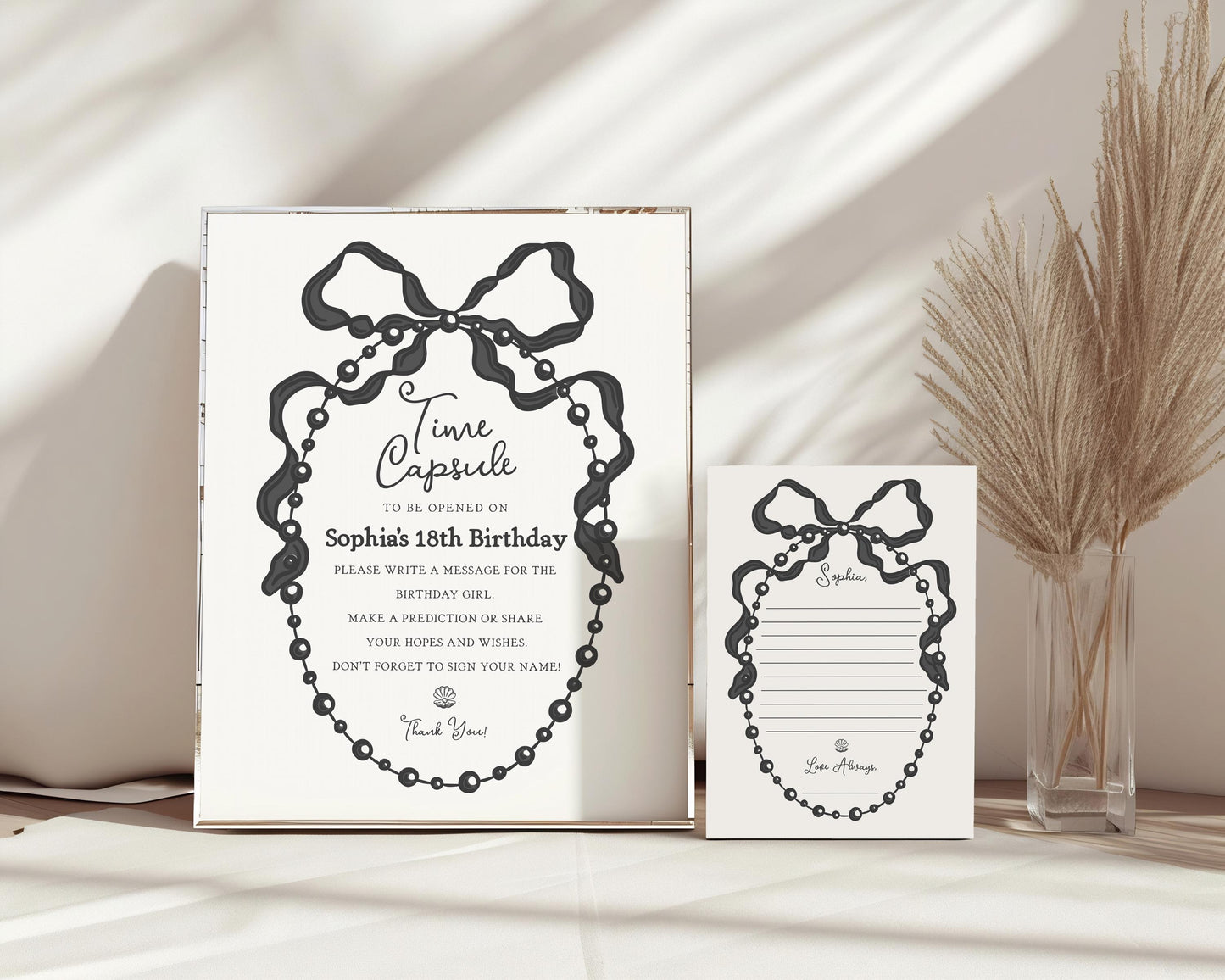 French Theme Little Pearl Time Capsule Printable Template, Whimsical Ribbon Black Bow 1st Birthday Party Decor for Girl Bday WP1002