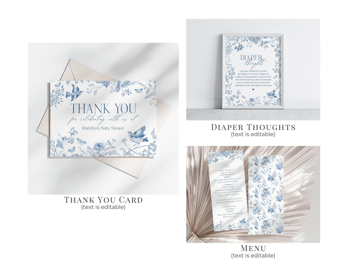 Blue Toile De Jouy Baby Shower Printable Bundle, Baby in Bloom Wildflower Chinoiserie Baby Brunch Spring Toile Butterflies and Birds WP1004