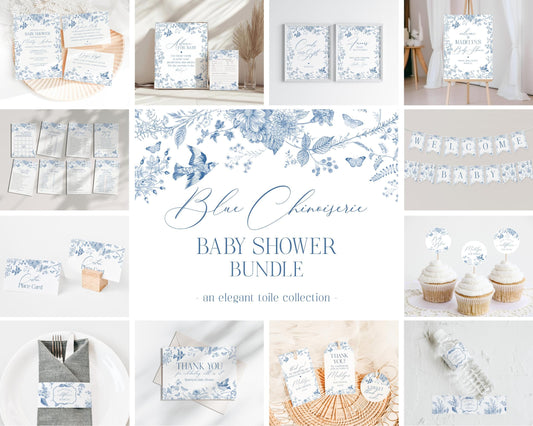 Blue Toile De Jouy Baby Shower Printable Bundle, Baby in Bloom Wildflower Chinoiserie Baby Brunch Spring Toile Butterflies and Birds WP1004