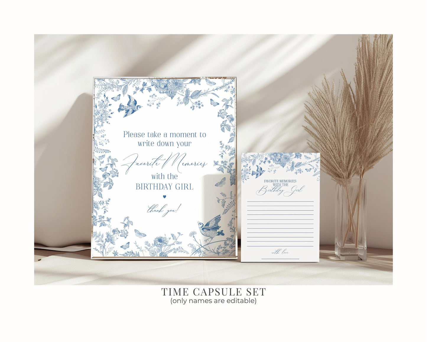 Blue Toile De Jouy Birthday Bundle Printable Template, Chinoiserie Birthday Party Decor, Wildflower Toile with Butterflies and Birds WP1004