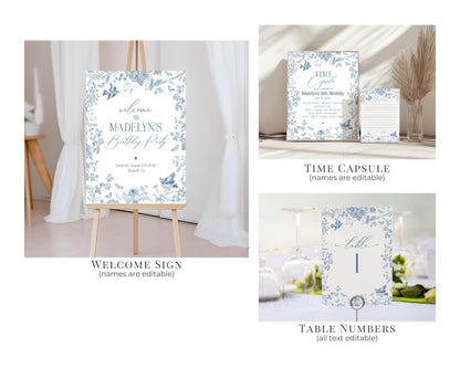 Blue Toile De Jouy First Birthday Bundle Printable Template, Chinoiserie Birthday Party, Wildflower Toile with Butterflies and Birds WP1004