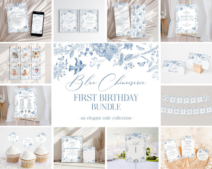 Blue Toile De Jouy First Birthday Bundle Printable Template, Chinoiserie Birthday Party, Wildflower Toile with Butterflies and Birds WP1004