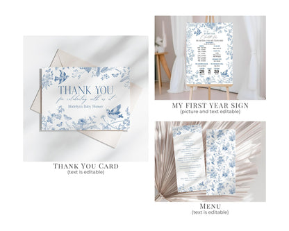 Blue Toile De Jouy First Birthday Bundle Printable Template, Chinoiserie Birthday Party, Wildflower Toile with Butterflies and Birds WP1004